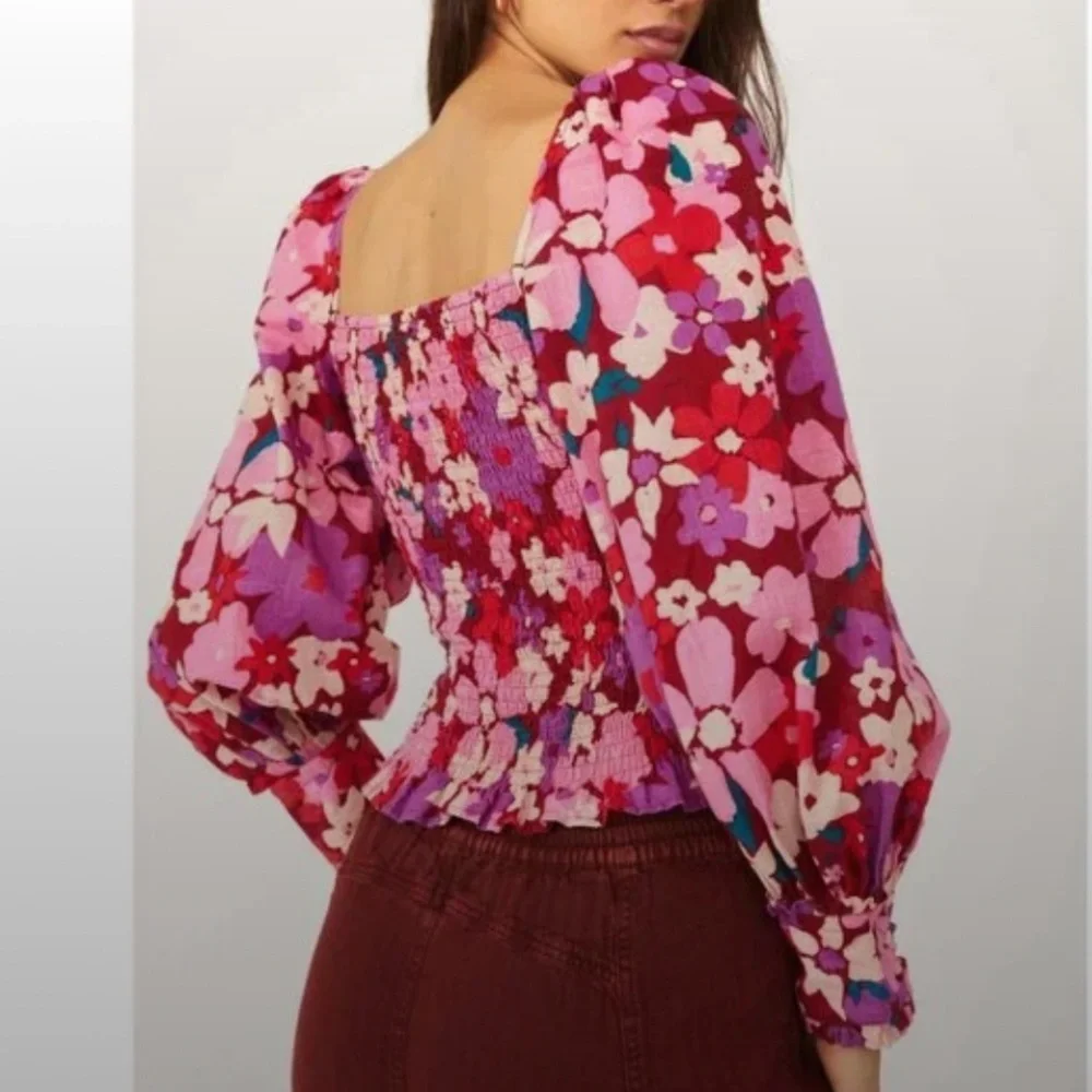Free People Ariana Floral Smocked Puff Sleeve Top Small